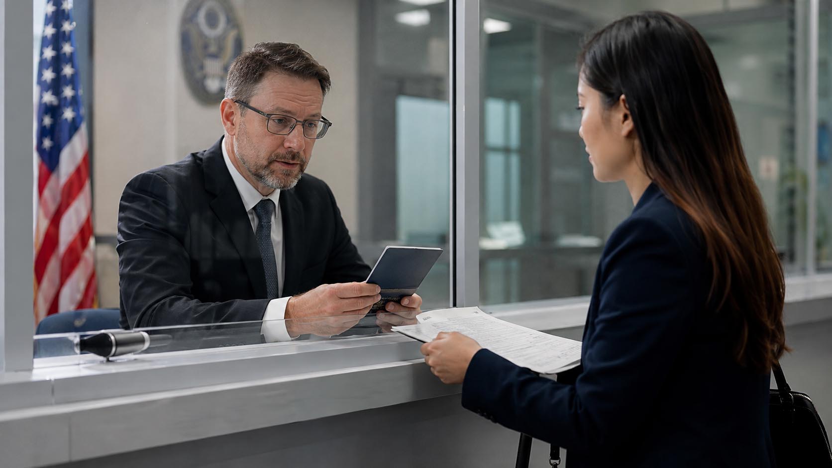 U.S. consular officer reviewing an immigrant visa applicant’s passport and documents during a visa interview