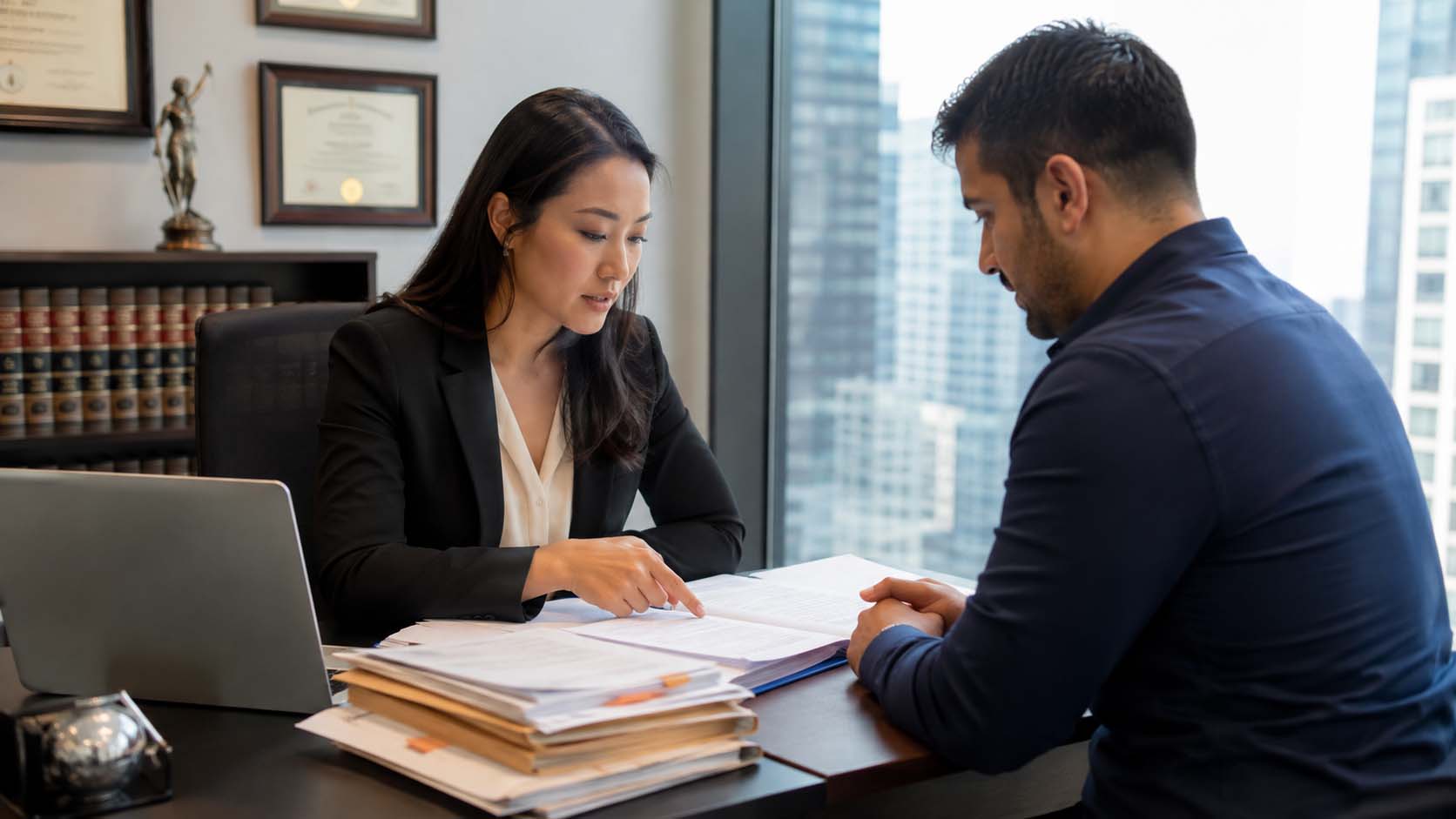 visa consultation
Immigration attorney reviewing U.S employment-based visa documents with a professional immigrant applicant