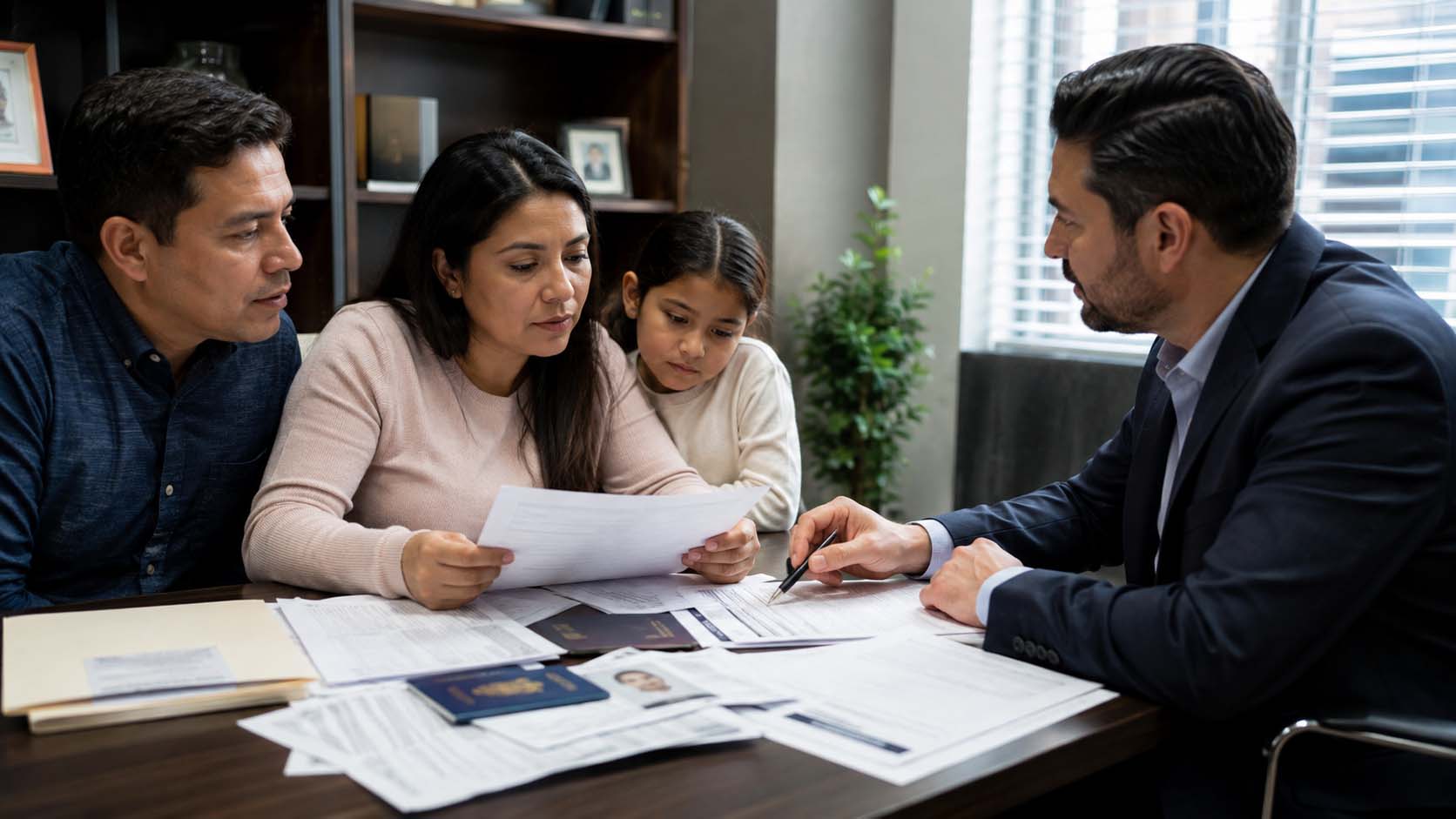 Family reviewing immigrant visa and financial sponsorship documents with an immigration advisor
